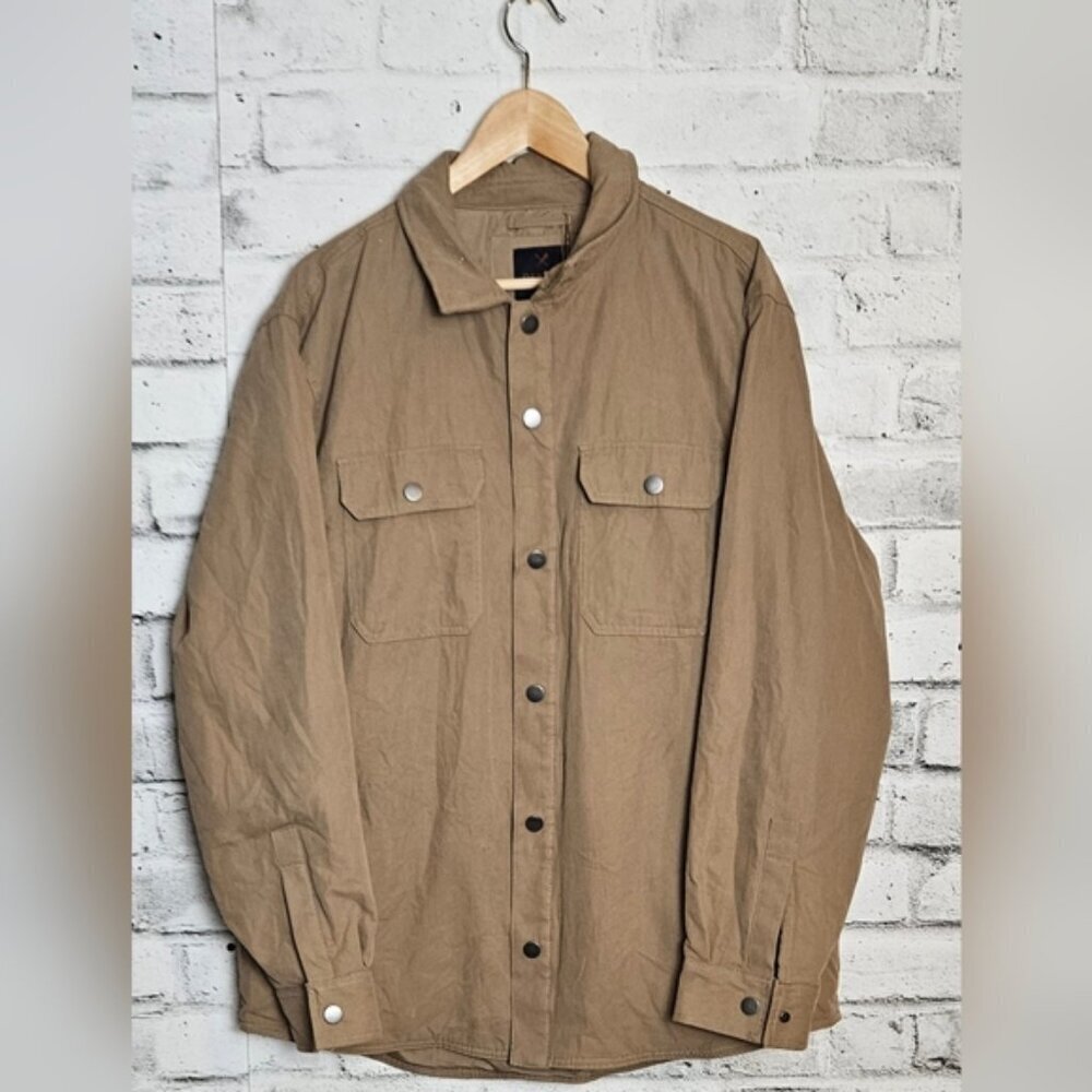 Mens Tan Shacket Jacket L Button Front Cotton Overshirt Casual